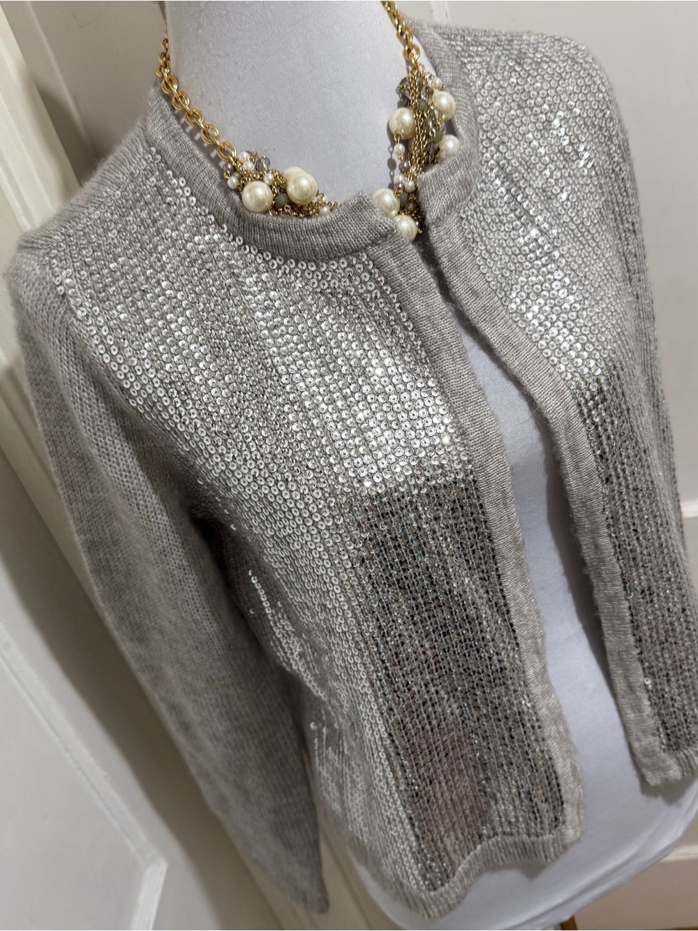 Chico's Silver-Sequin Light Taupe Open-Front Cardigan size 1